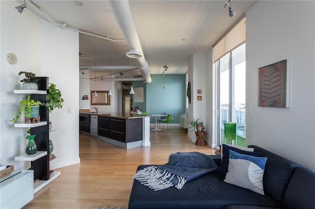 living room featuring track lighting, floor to ceiling windows, and light hardwood / wood-style flooring