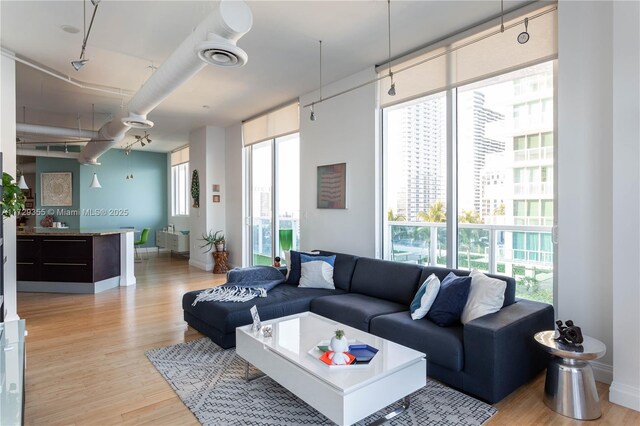 living room with ceiling fan, a wall of windows, and light hardwood / wood-style floors