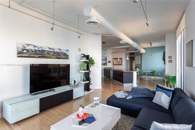 living room with light hardwood / wood-style flooring and track lighting