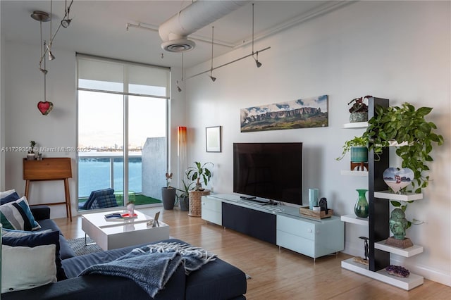 living room with hardwood / wood-style floors and expansive windows