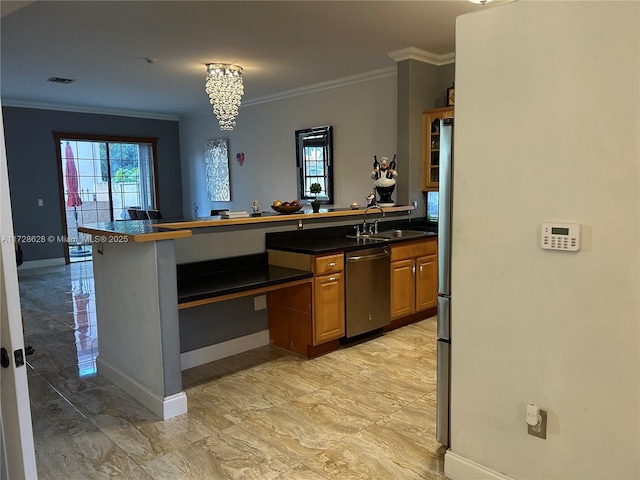 kitchen with sink, a breakfast bar, dishwasher, ornamental molding, and kitchen peninsula