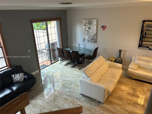 living room with crown molding