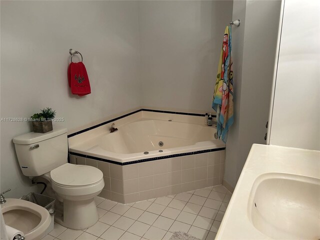 full bathroom with tile patterned flooring, tile walls, combined bath / shower with glass door, toilet, and vanity