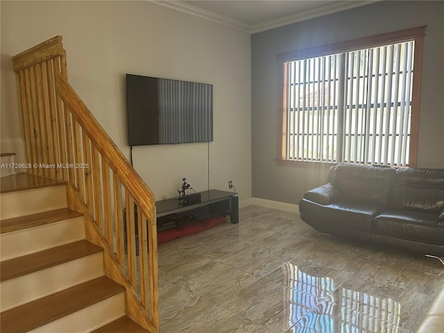 living room with ornamental molding