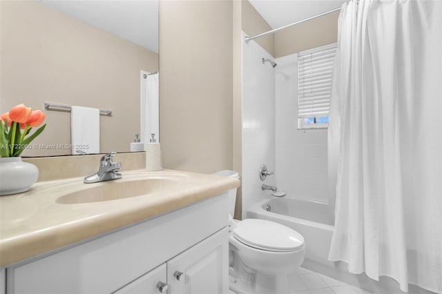 full bathroom with toilet, vanity, shower / bath combo, and tile patterned floors