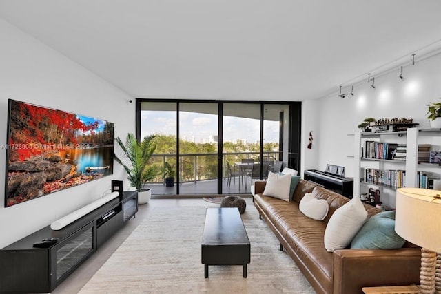 living room with rail lighting and floor to ceiling windows