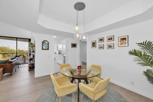 dining area with a raised ceiling