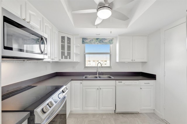 kitchen with white cabinetry, ceiling fan, stainless steel appliances, a raised ceiling, and sink