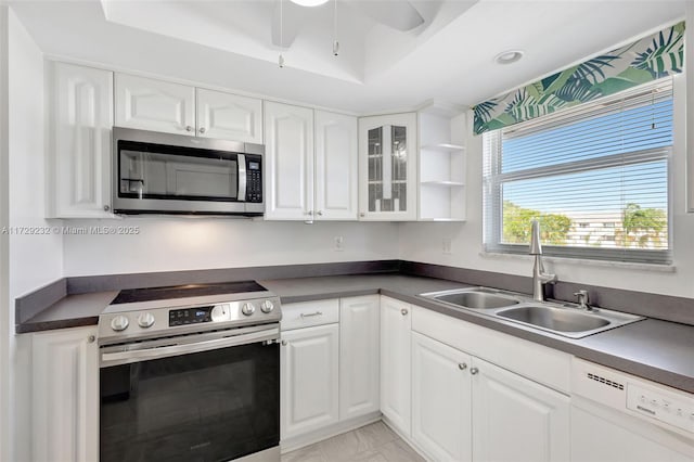 kitchen with white cabinets, sink, a tray ceiling, and stainless steel appliances