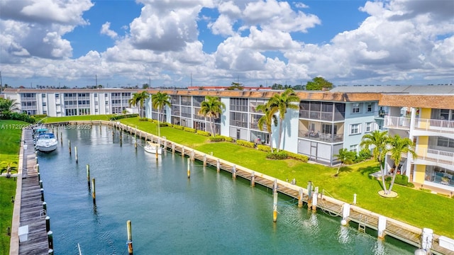 view of water feature with a dock