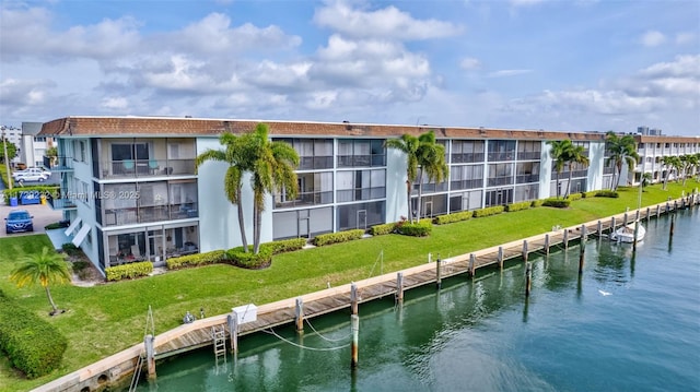 view of building exterior with a water view