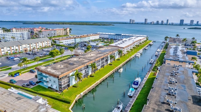 aerial view featuring a water view