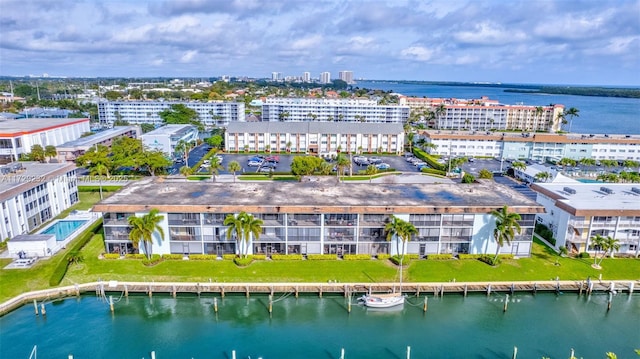 aerial view featuring a water view