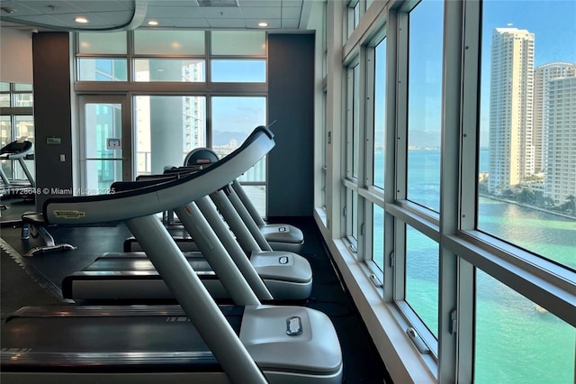 exercise room featuring a drop ceiling and floor to ceiling windows