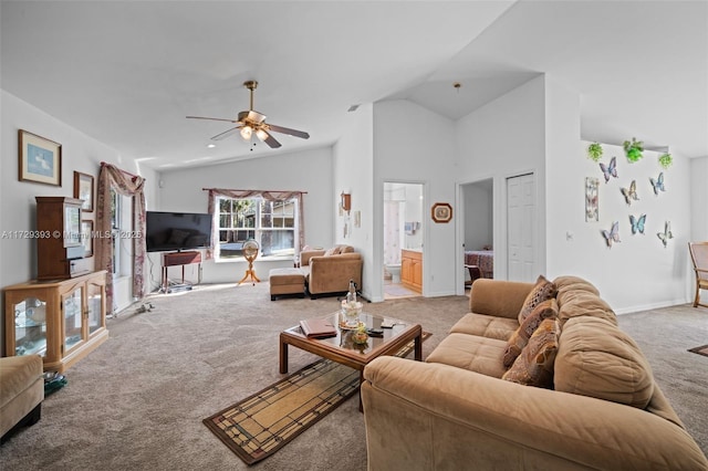 carpeted living room featuring ceiling fan and high vaulted ceiling