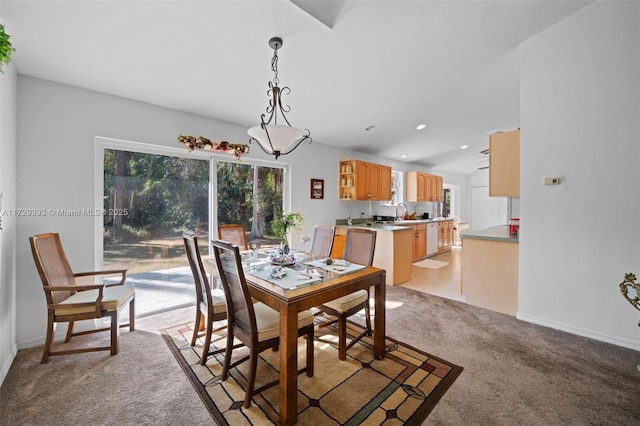 dining area featuring light carpet