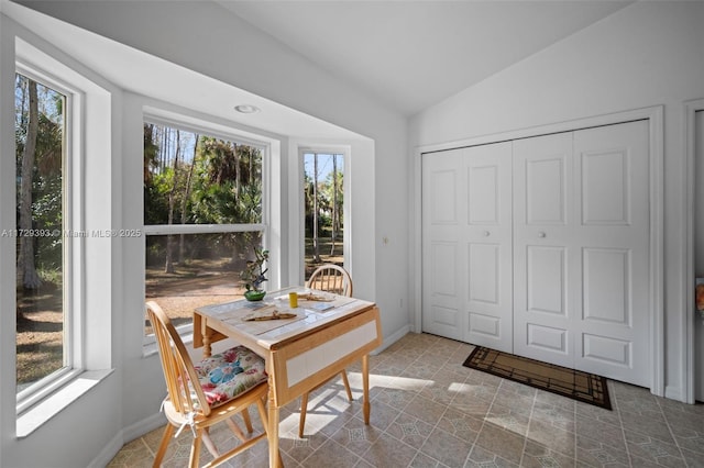 dining space featuring vaulted ceiling