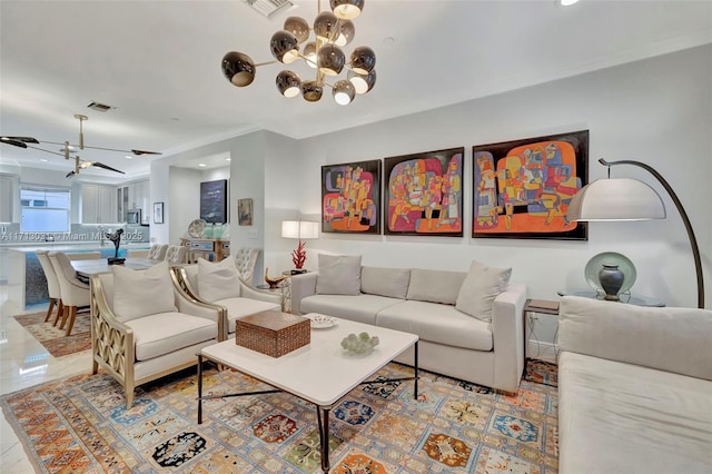 living room featuring a chandelier