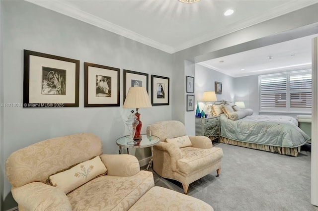 bedroom featuring crown molding and carpet flooring