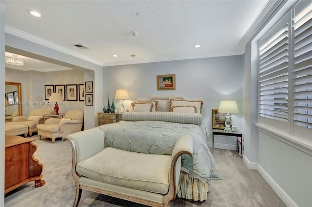 carpeted bedroom featuring crown molding