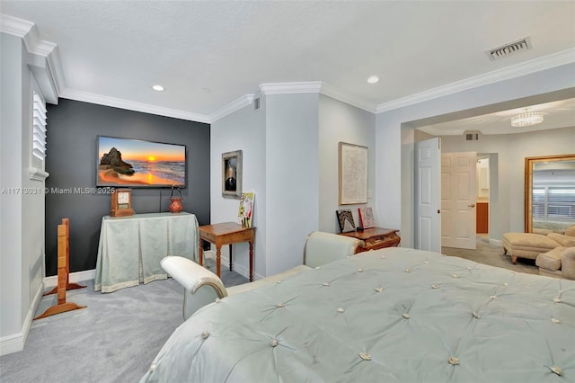 carpeted bedroom with crown molding