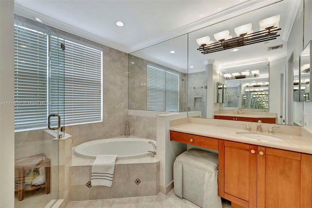 bathroom featuring vanity, crown molding, and plus walk in shower