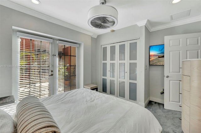 1033 NE 17th Way Unit 704, Fort Lauderdale, FL 33304 - carpeted bedroom with crown molding, a closet, french doors, access to exterior, and recessed lighting