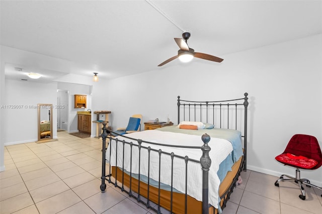 tiled bedroom with ceiling fan