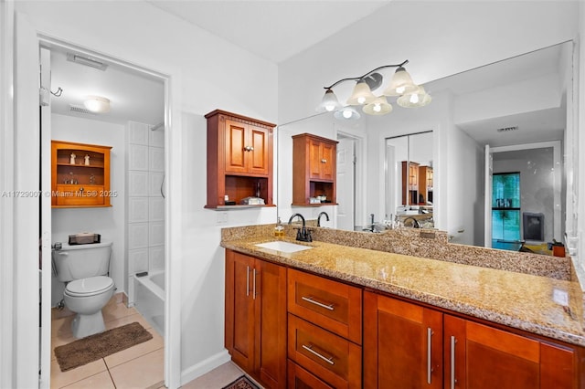 full bathroom featuring vanity, toilet, shower / bathing tub combination, and tile patterned flooring