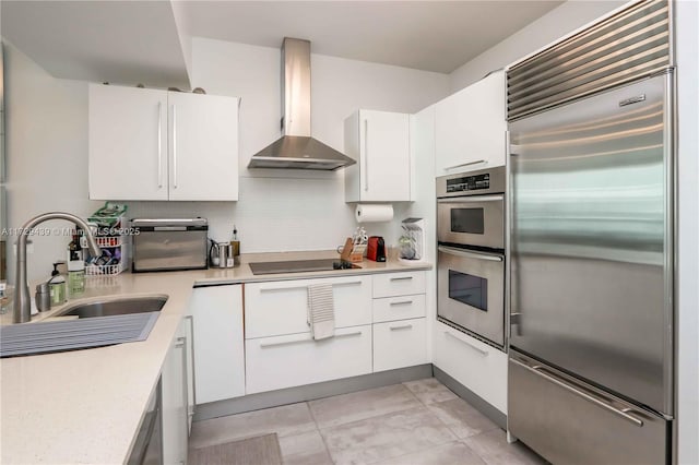 kitchen with white cabinetry, decorative backsplash, sink, stainless steel appliances, and wall chimney exhaust hood