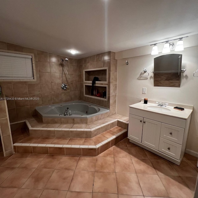 bathroom with vanity, tile patterned flooring, and shower with separate bathtub