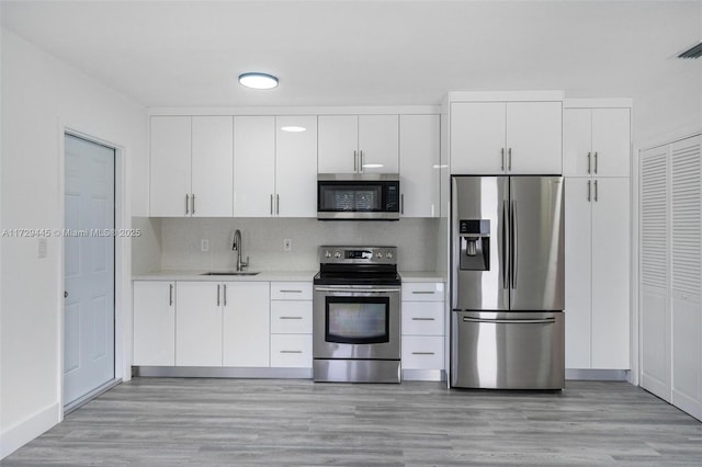 kitchen featuring white cabinetry, appliances with stainless steel finishes, backsplash, light wood-type flooring, and sink