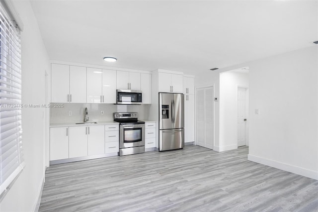 kitchen featuring white cabinetry, stainless steel appliances, tasteful backsplash, light hardwood / wood-style flooring, and sink