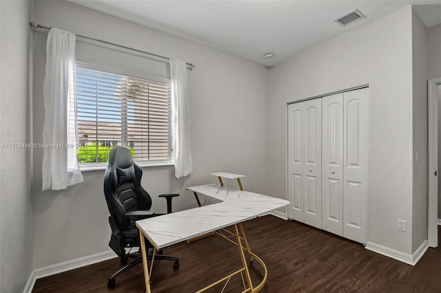 office area featuring dark wood-type flooring