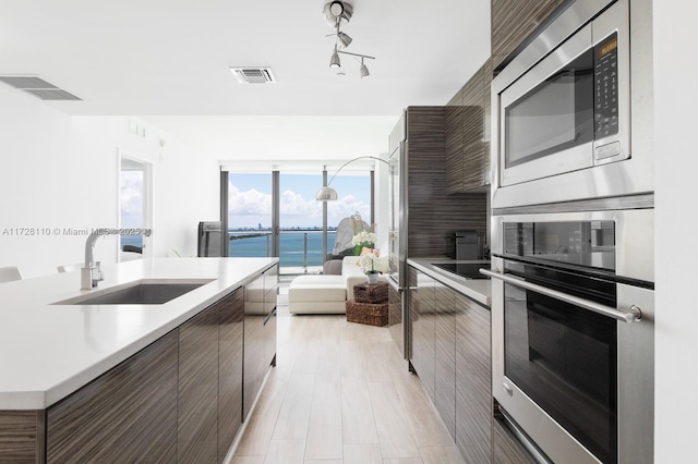 kitchen with stainless steel appliances, a water view, dark brown cabinetry, and sink