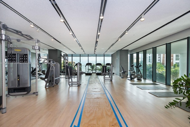 gym featuring a textured ceiling and light hardwood / wood-style flooring