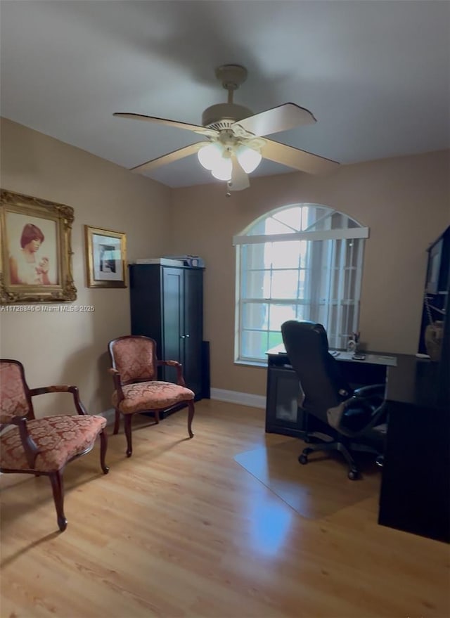 office with ceiling fan and light hardwood / wood-style floors