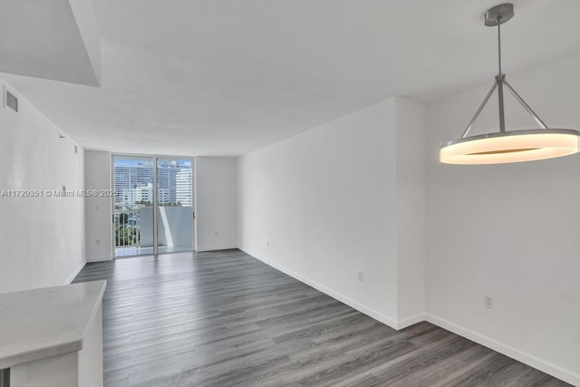 empty room featuring expansive windows and dark hardwood / wood-style floors