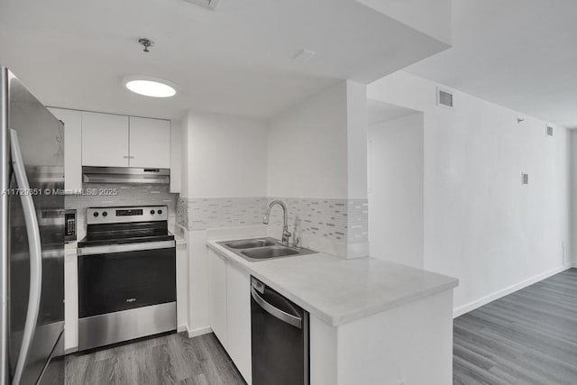 kitchen with sink, dark wood-type flooring, white cabinetry, and appliances with stainless steel finishes