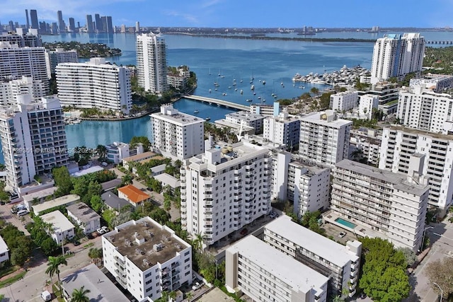 drone / aerial view featuring a water view