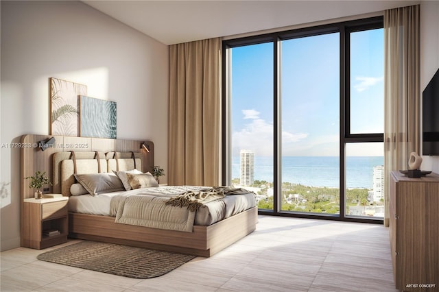 tiled bedroom featuring floor to ceiling windows