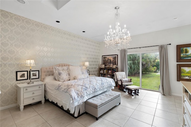 bedroom featuring light tile patterned floors and access to outside