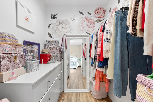 walk in closet with light hardwood / wood-style floors