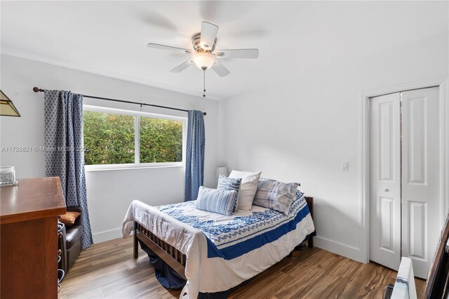 bedroom featuring ceiling fan, wood-type flooring, and a closet