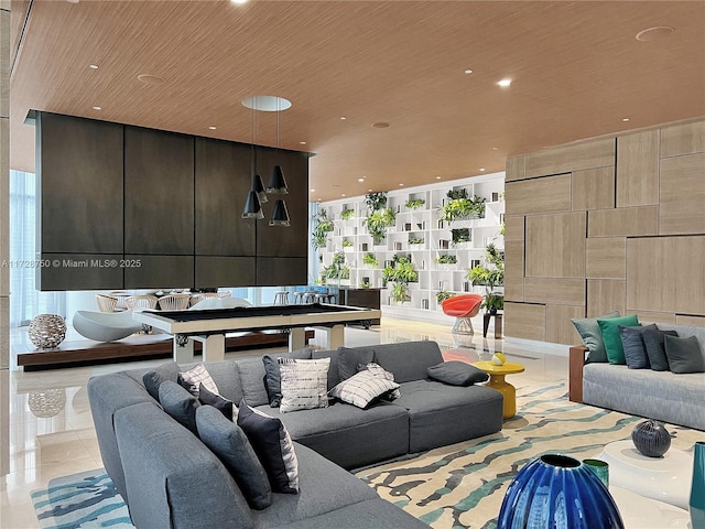 tiled living room featuring wooden ceiling