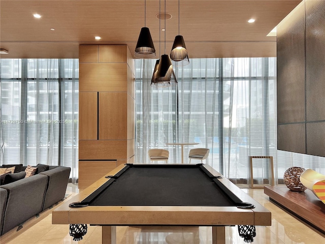 rec room featuring light tile patterned floors and pool table