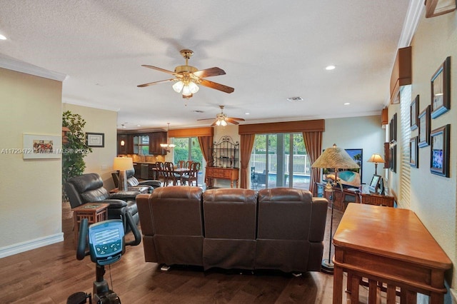 living room with dark hardwood / wood-style floors, crown molding, and a textured ceiling