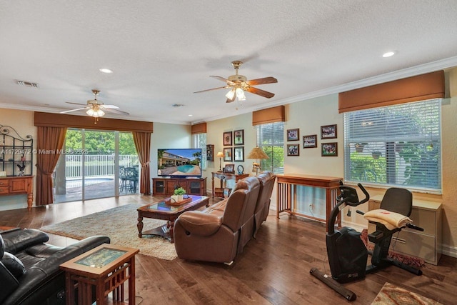 living room featuring ceiling fan, dark wood-type flooring, a textured ceiling, and ornamental molding