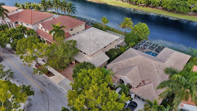 drone / aerial view featuring a water view