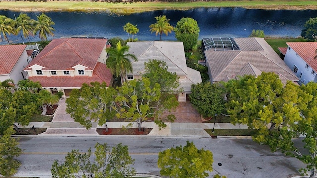 aerial view featuring a water view